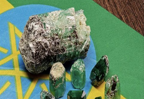 Emerald crystals in schist on an Ethiopian flag